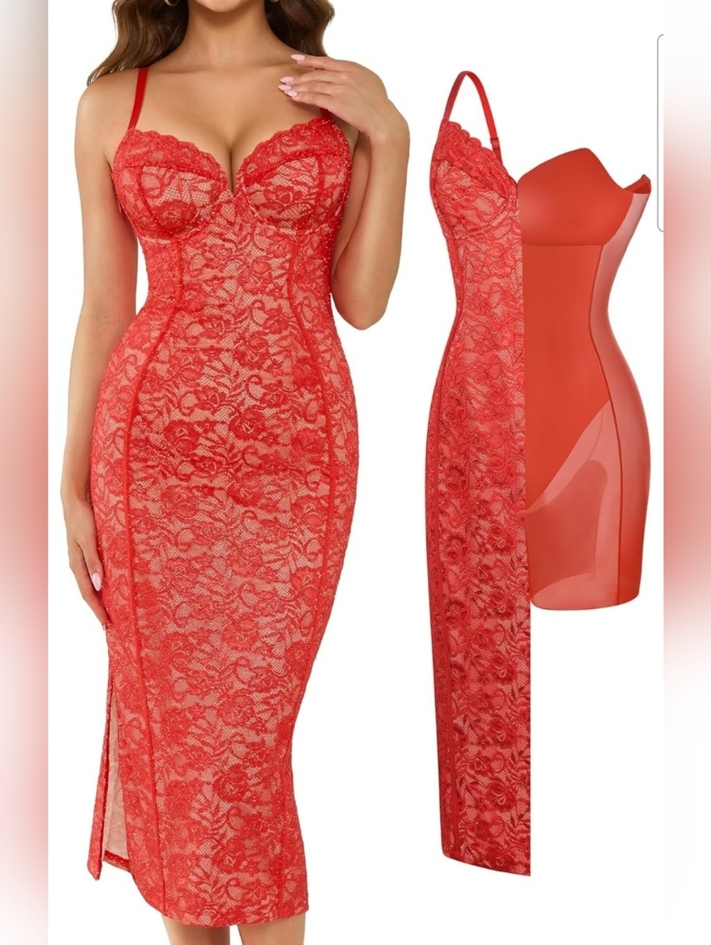 Popilush Women's Burgundy Lace V Neck Bodycon Cocktail Midi Dress Size Small